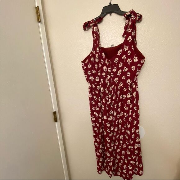 Red floral print boho feminine romantic button front midi dress tie shoulder XL - Picture 3 of 12